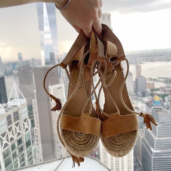 Joie Delilah Tan Suede Leather Lace-Up Tassel Espadrille Wedge Heel Sandals - Picture 2 of 5